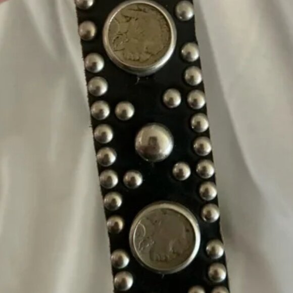 Mens Studded Black Leather Belt with Indian Head Conchos - Picture 2 of 7